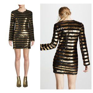 $450 R+A Dress Velvet Gold Black Bodycon‎ Mini 2 XS Long Sleeve Striped Sparkle